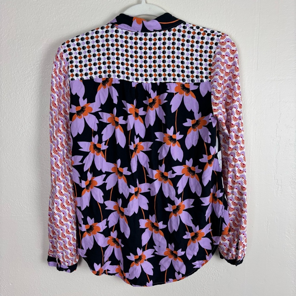 Anthropologie Maeve The Paz Button Down Blouse Size XS Patchwork Bird Novelty - Picture 5 of 7